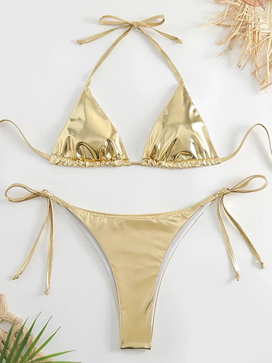 Sexy Metallic Halter Bikini Sets Lace Up Triangle Tie Side 2024 Swimsuit Women Swimwear Brazilian Female Bathing Suits 250219