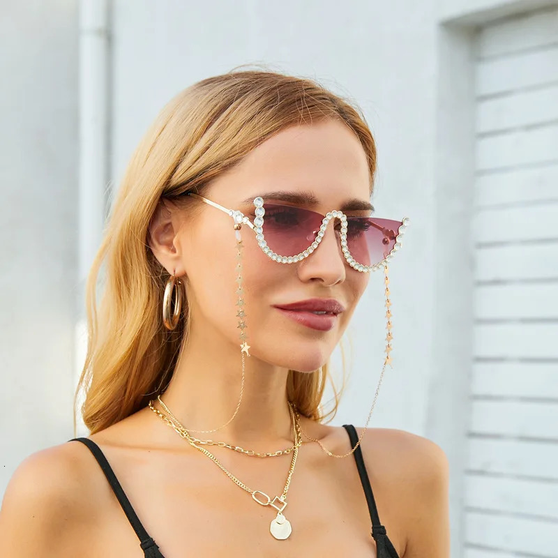 Frameless Diamond Studded Sunglasses Womens Fashion with Chain Eyewear Europe American Trend Street Shooting Glasses 250218