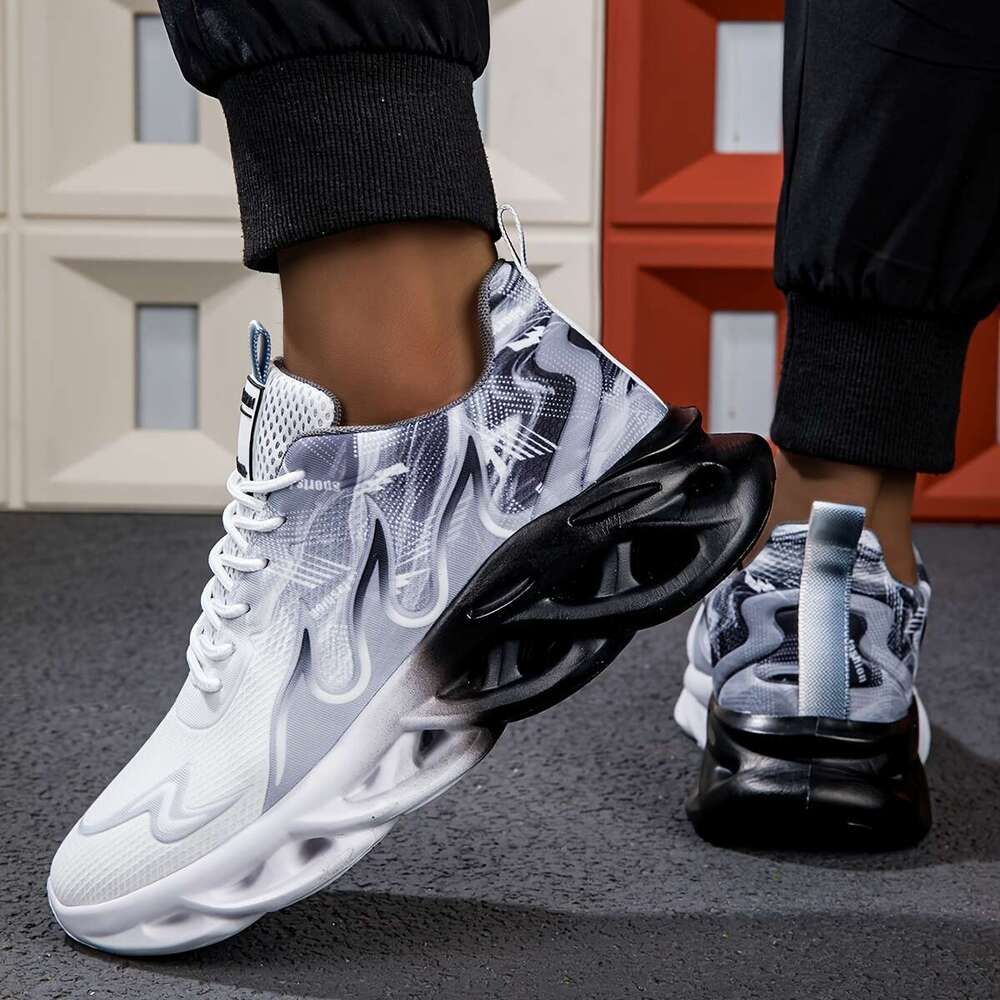 Men's breathable mesh sports sho es - black white gradient, height increasing thick sole, suitable for running and casual wear, aut umn student s
