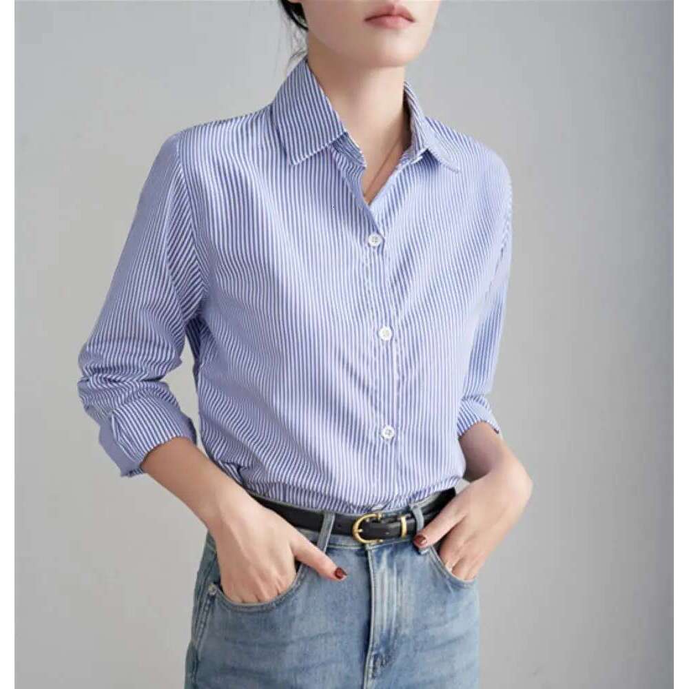 Blue Striped Women Loose Spring Autumn Casual Long Sleeves Shirt Fashion Clothes For Ladies Office Lady Wear
