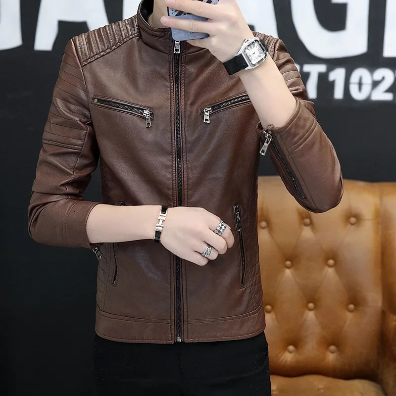Solid Color Crossborder Leather Jacket For Men Trendy Motorcycle Vest Windproof Slimming Smooths Your Silhouette 250210