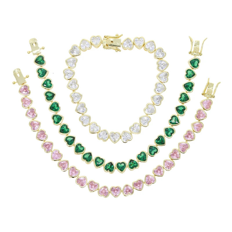 Bezel Heart Shaped CZ Tennis Chain Bracelet Gold Color White Pink Green Cubic Zirconia Fashoin Jewelry 250213