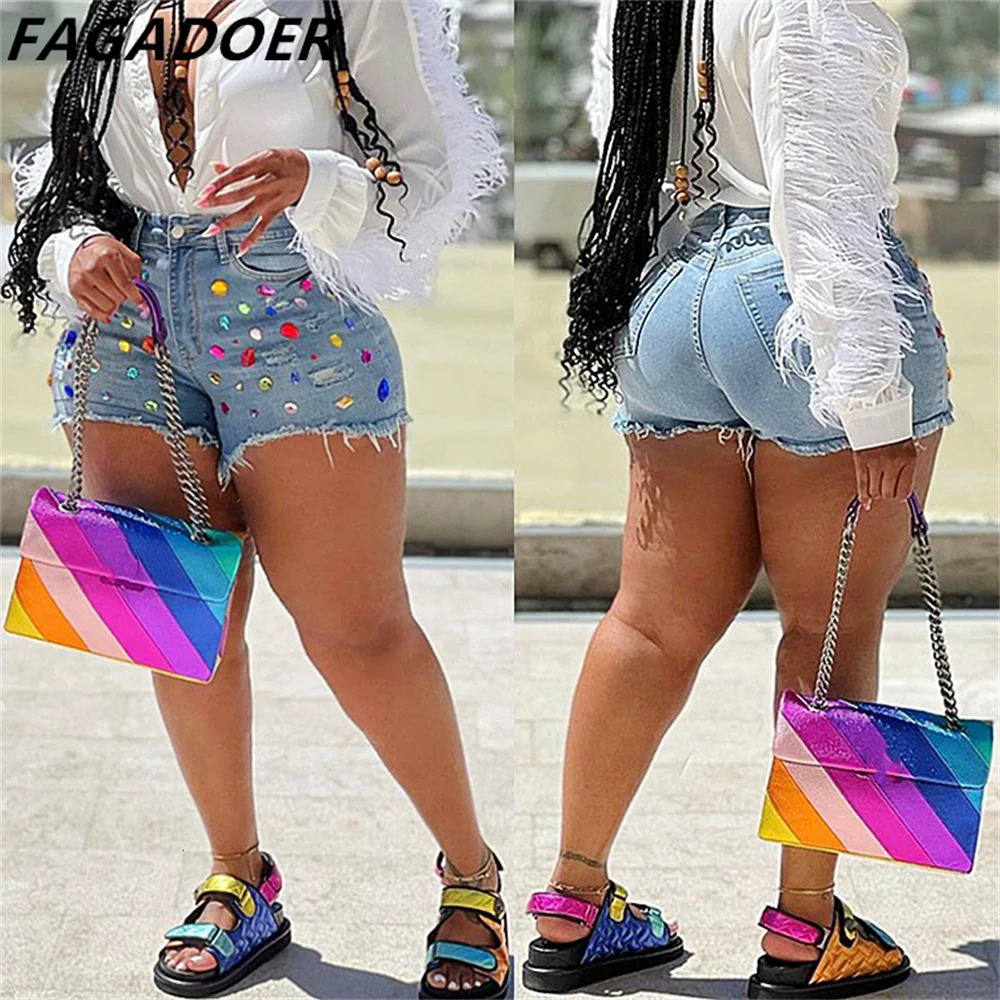 FAGADOER Fashion Colored Diamonds Tassels Denim Shorts Women High Waisted Pocket Slim Jean Casual Female Matching Bottoms 250217