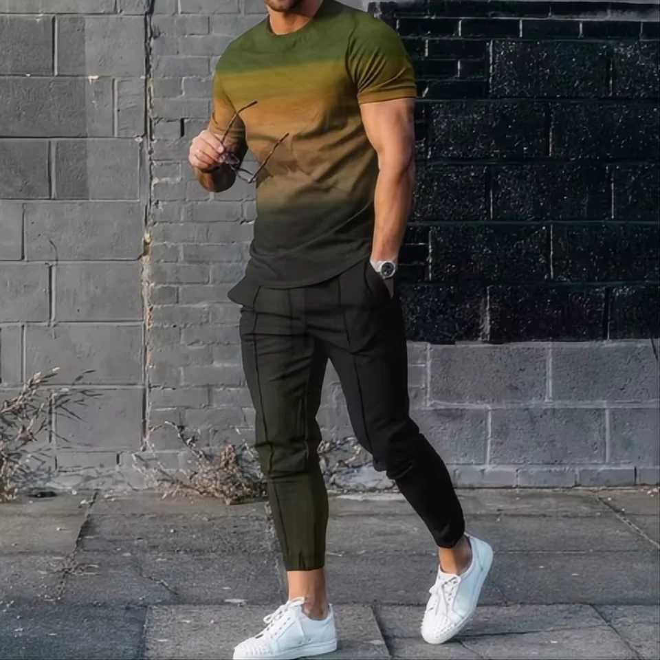 Summer mens T-shirt and pants sportswear abstract gradient 3D printed T-shirt and pants set 2-piece streetwear oversizedXJ250326