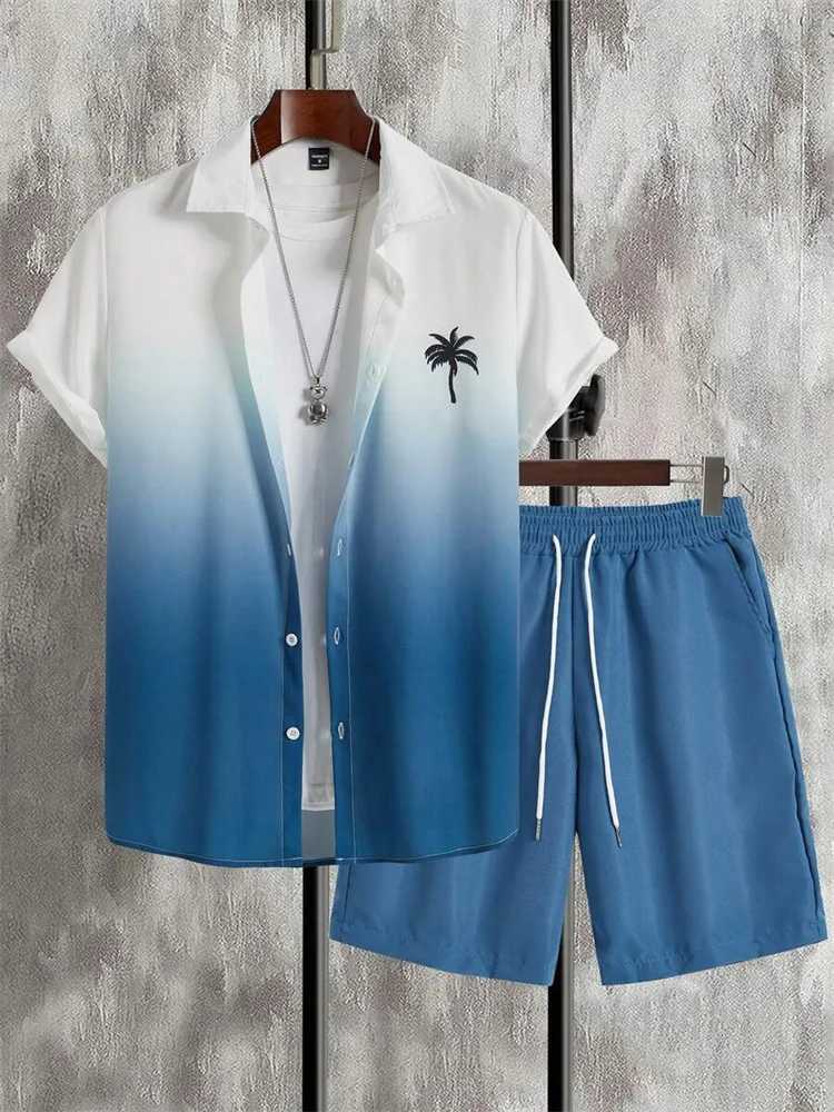 2-piece Summer Mens Short-sleeved Shirt And Beach Shorts Set Outdoor Street Mens Fashionable Shirt Beach Mens Casual ShortsXJ250218