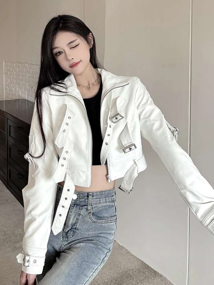 SONNEESD American Style Streetwear Haruku Zipper Full Sleeve PU Coat Vintage Locomotive Design Cowgirl Fashion Short Jacket