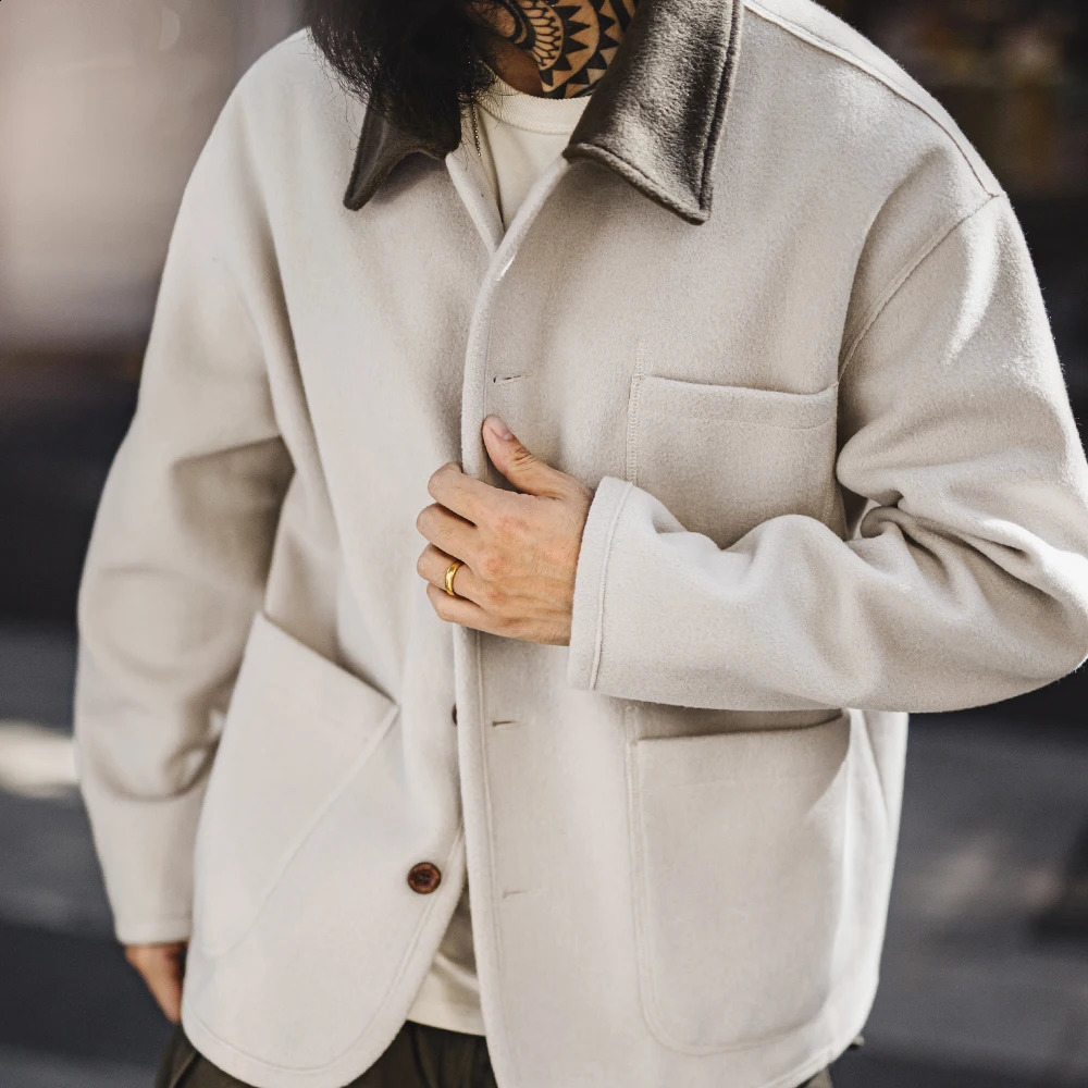 Maden Vintage Heavyweight Woolen Jacket with Contrasting Lapel Loose Fit Warm Outerwear Versatile Coat for Mens Fall and Winter 250214