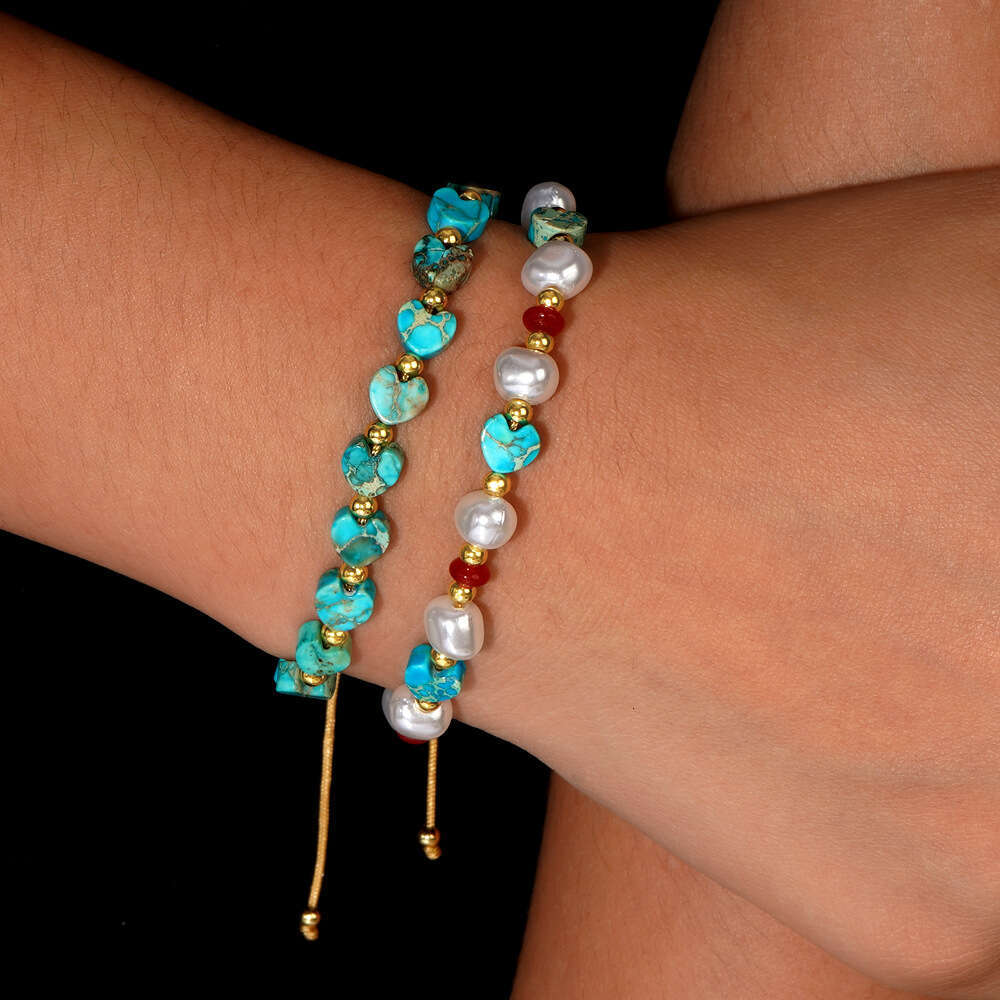 Bohemian imitation pearl peach heart bracelet, half imperial stone love Valentine's Day jewelry, 3mm copper bead bracelet