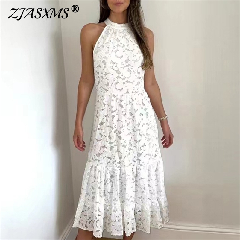 White Embroidery Jacquard Lace Crochet Dress Women Spring Sexy Halter Tie-up Long Dress Summer Sleeveless Hollow Party Dress 250218