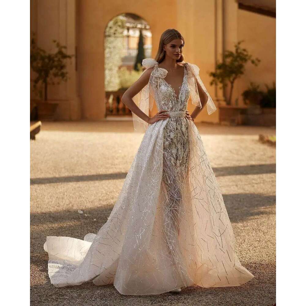 Gorgeous Mermaid Wedding Dresses Dismountable Beading Lace Bow Backless Bridal Gown Sweep Train Vestidos De Novia Customized