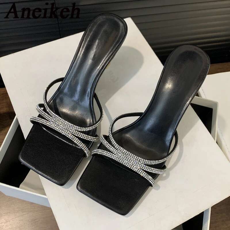 Aneikeh Summer Sexy Sier Square Headed High Elegant Sandals Slim Heels Women's Party Sandalias Feminina