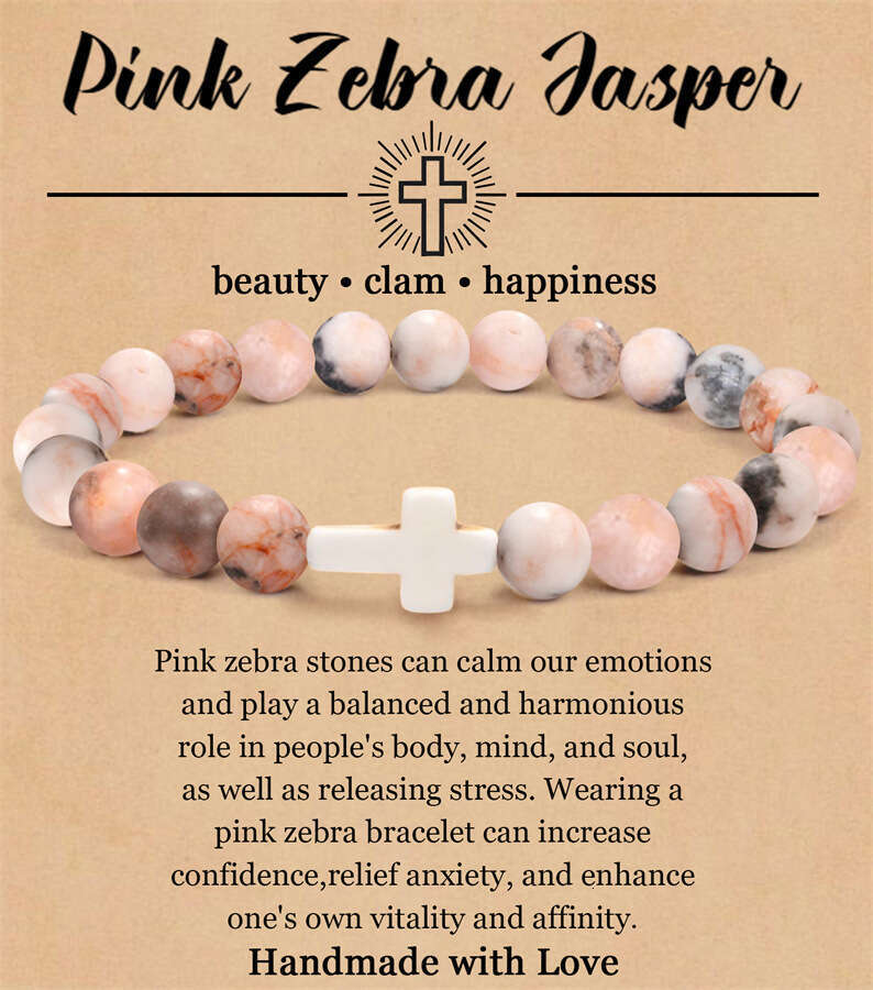 Natural Stone Cross Pink Zebra Elastic Bead Men's and Women's Gift Card Bracelet