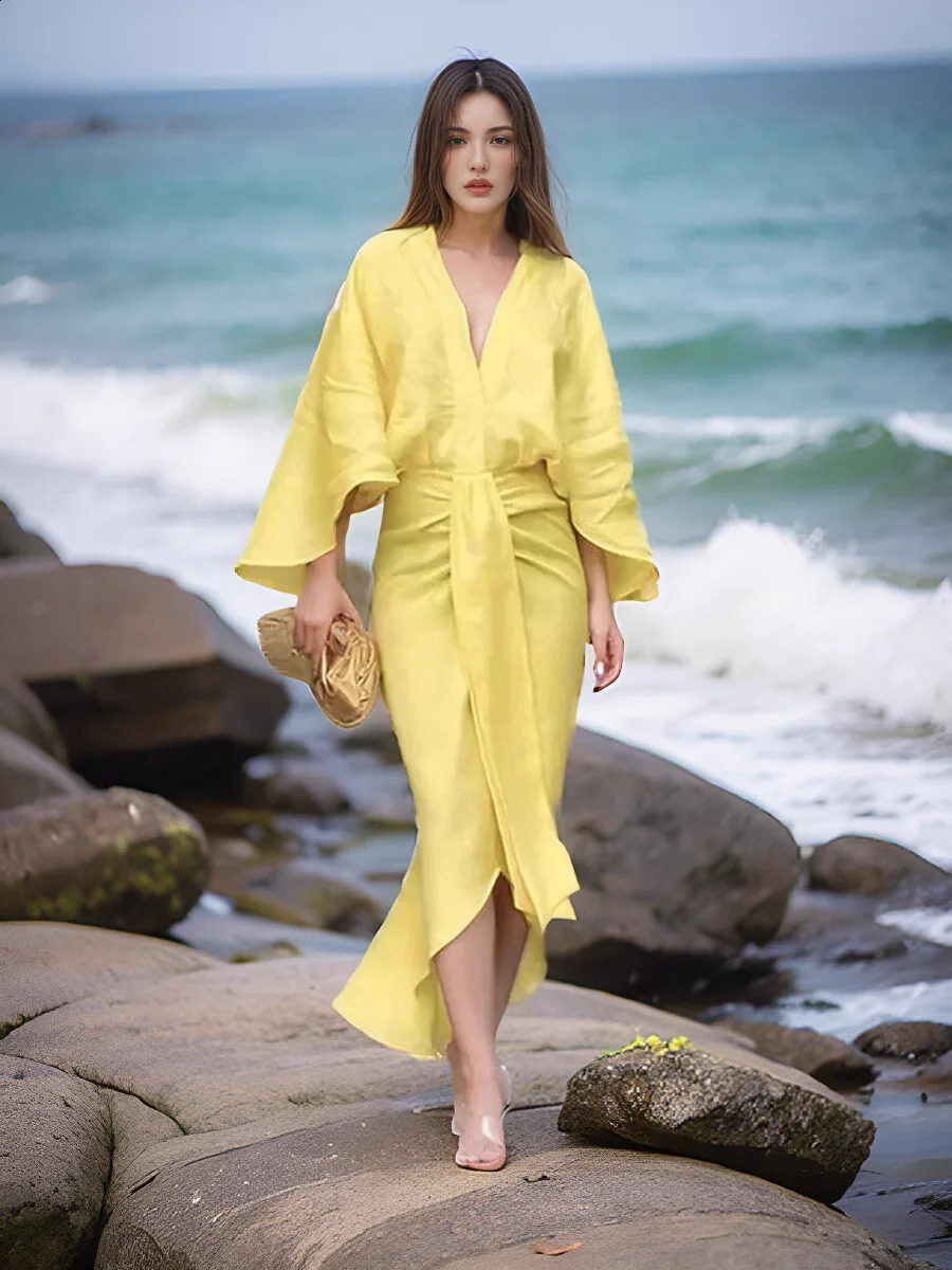 Fashion Solid Pleated Split Midi Dress For Women Elegant V-neck Flare Sleeves Loose Vestidos Summer Chic Vocation Vestidos 250218