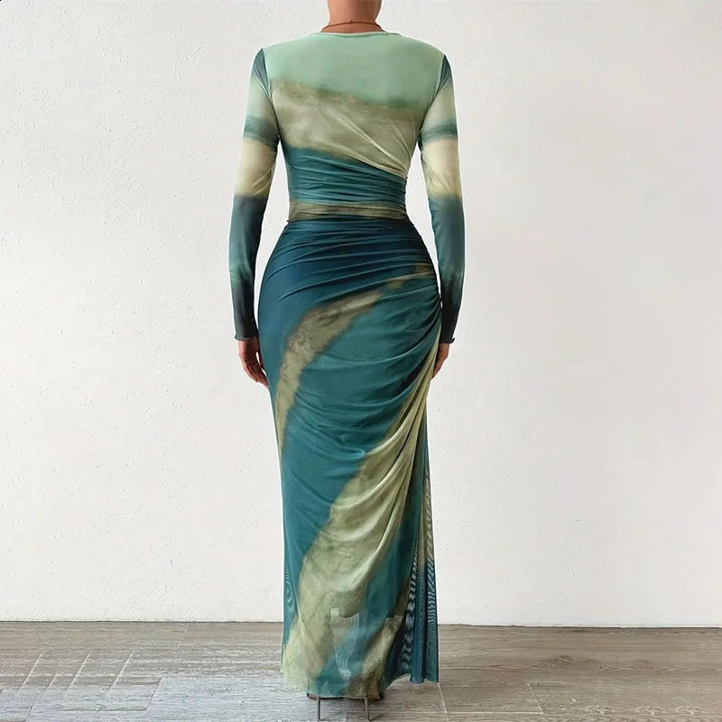 Tie Dye Green Mesh Corset Dress Autumn Elegant Women Dresses Bodycon Long Sleeve Dress Print Maxi Ruched Through Female Dress 250218