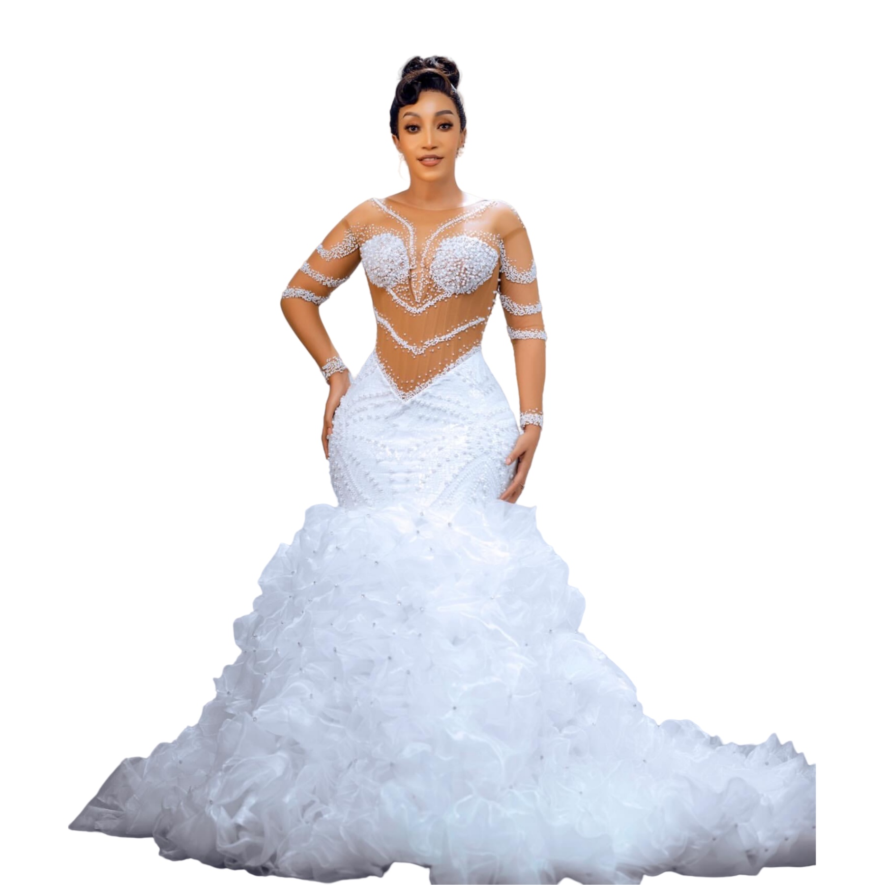 2025 Arabic Aso Ebi Plus Size White Wedding Dress Beaded Pearls Fulle Sleeves Organza Detacghable Train Bridal Gowns Dresses ZJ567