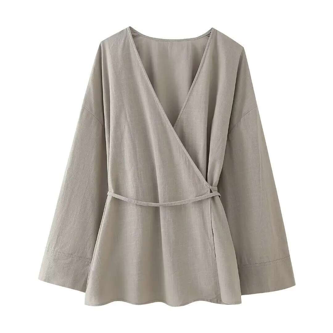 Oversized Kimono Pleated Wrap Blouse Female Long Sleeve Shirts And Blouses For Women Pyjama Women's Shirt
