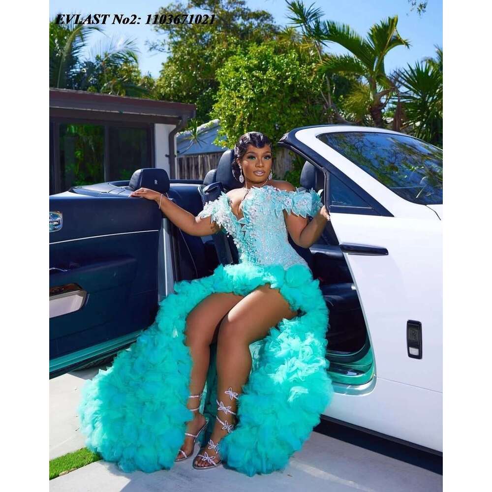 EVLAST Customized Green Ruffles Prom Dress Mermaid Dia Crystal Beaded Black Girl High Slit Evening Party Gown E2P134