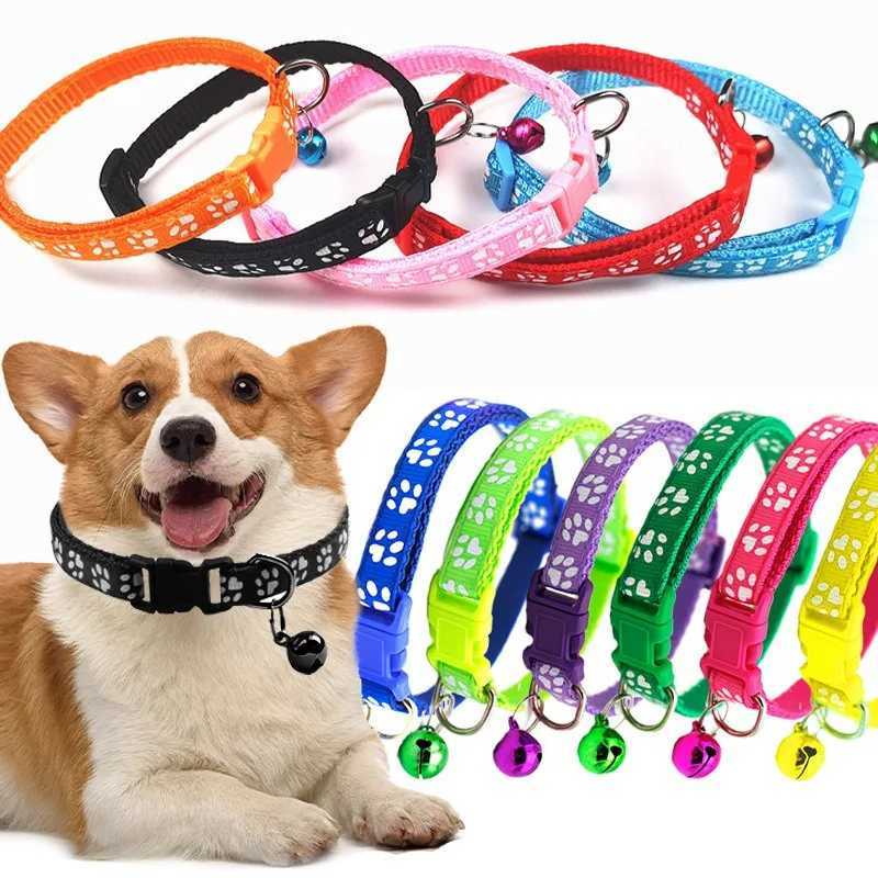 Pet Collar With Bell Cartoon Footprint Colorful Dog Puppy Cat Accessories Kitten Collar Adjustable Safety Bell Ring Necklace Pet W250219