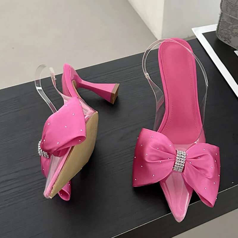 Fashion Butterfly-knot Pointed Toe Women Pumps PVC Transparent High Heels Sandals Wedding Banquet Female Mules Shoes