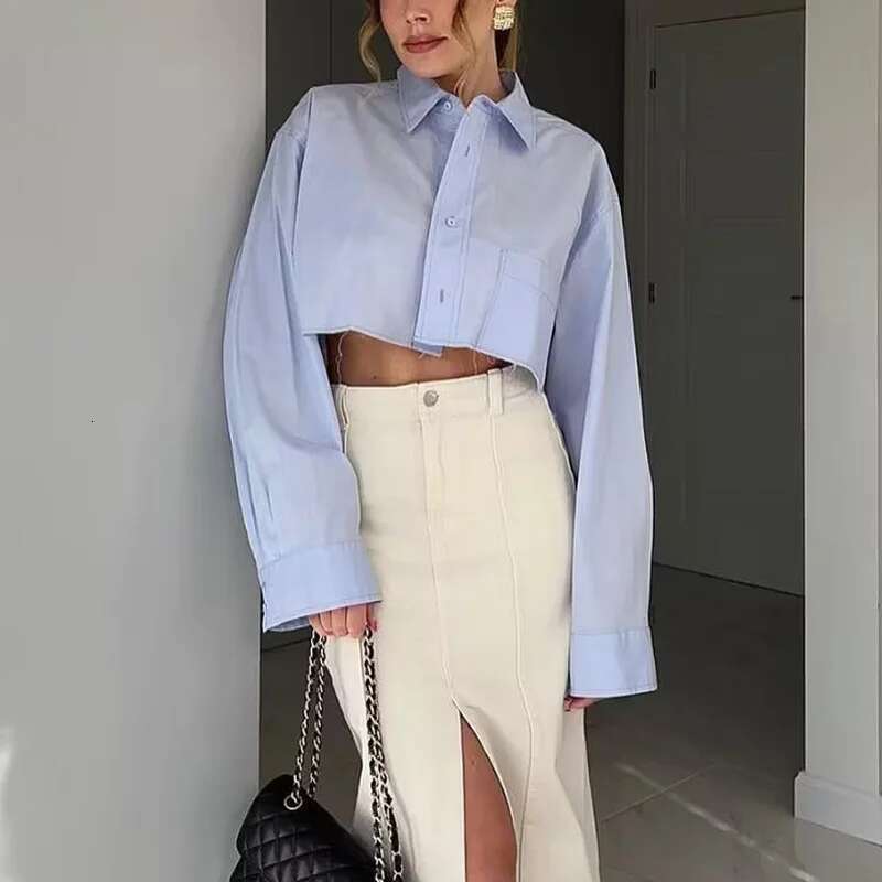 Striped For Summer Crop Top Female Long Sleeve Oversize And Blouses Women Pockets Button Up Shirts