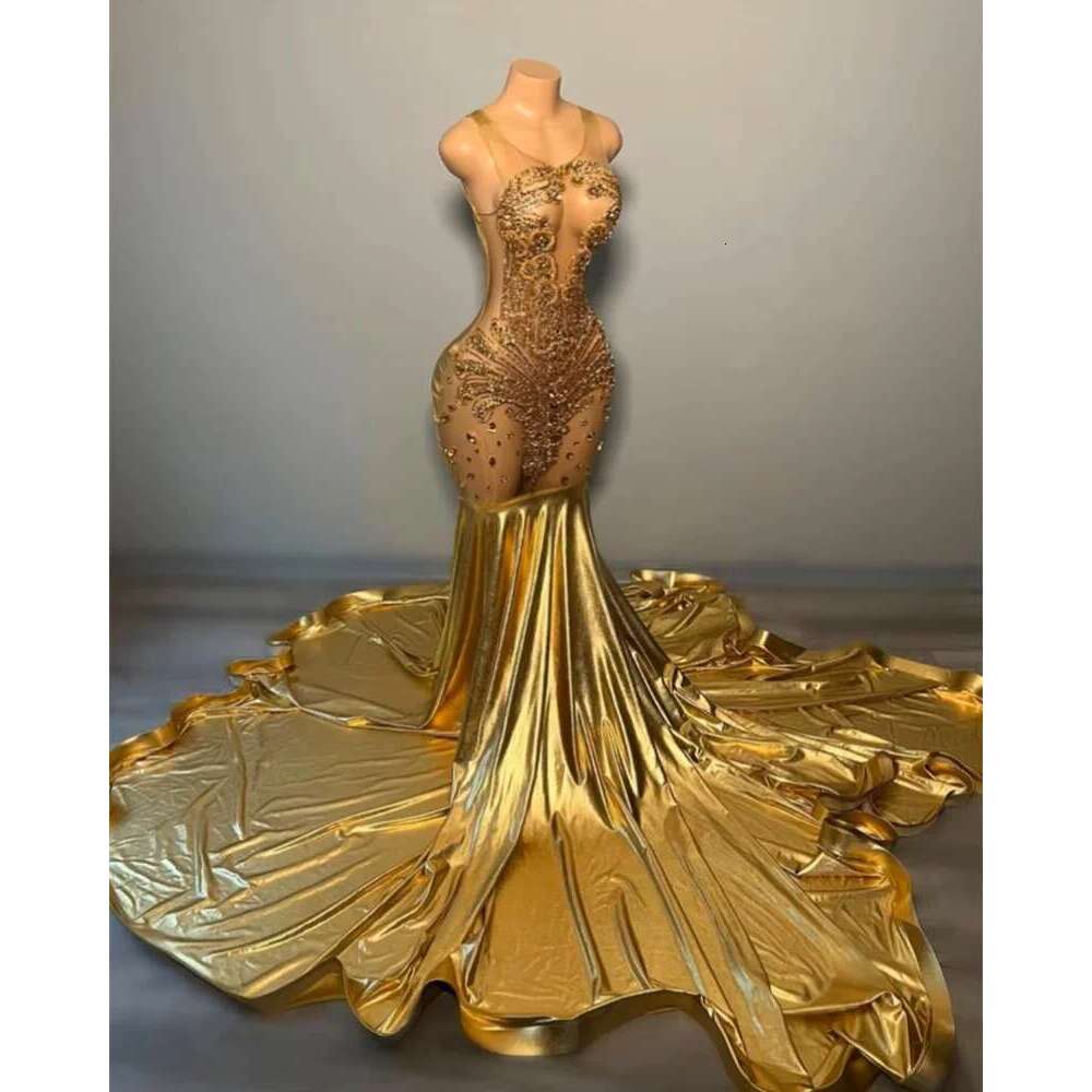 Gold Gillter Prom Rhie Mermaid Black Girls Beaded Dias Evening Birthday Party Dresses for Customized