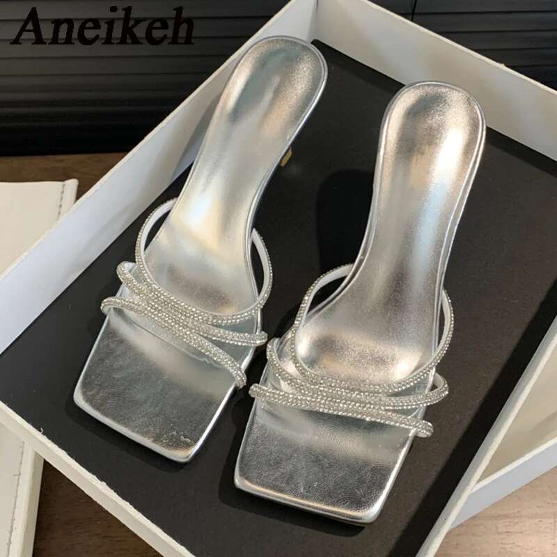 Aneikeh Summer Sexy Sier Square Headed High Elegant Sandals Slim Heels Women's Party Sandalias Feminina