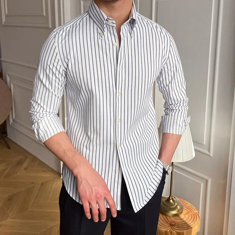 Casual Stripe Shirt Retro Shirt Dress Camisa Masculina Social Italian Spring British Style Men Long Sleeve Striped Shirt 250214