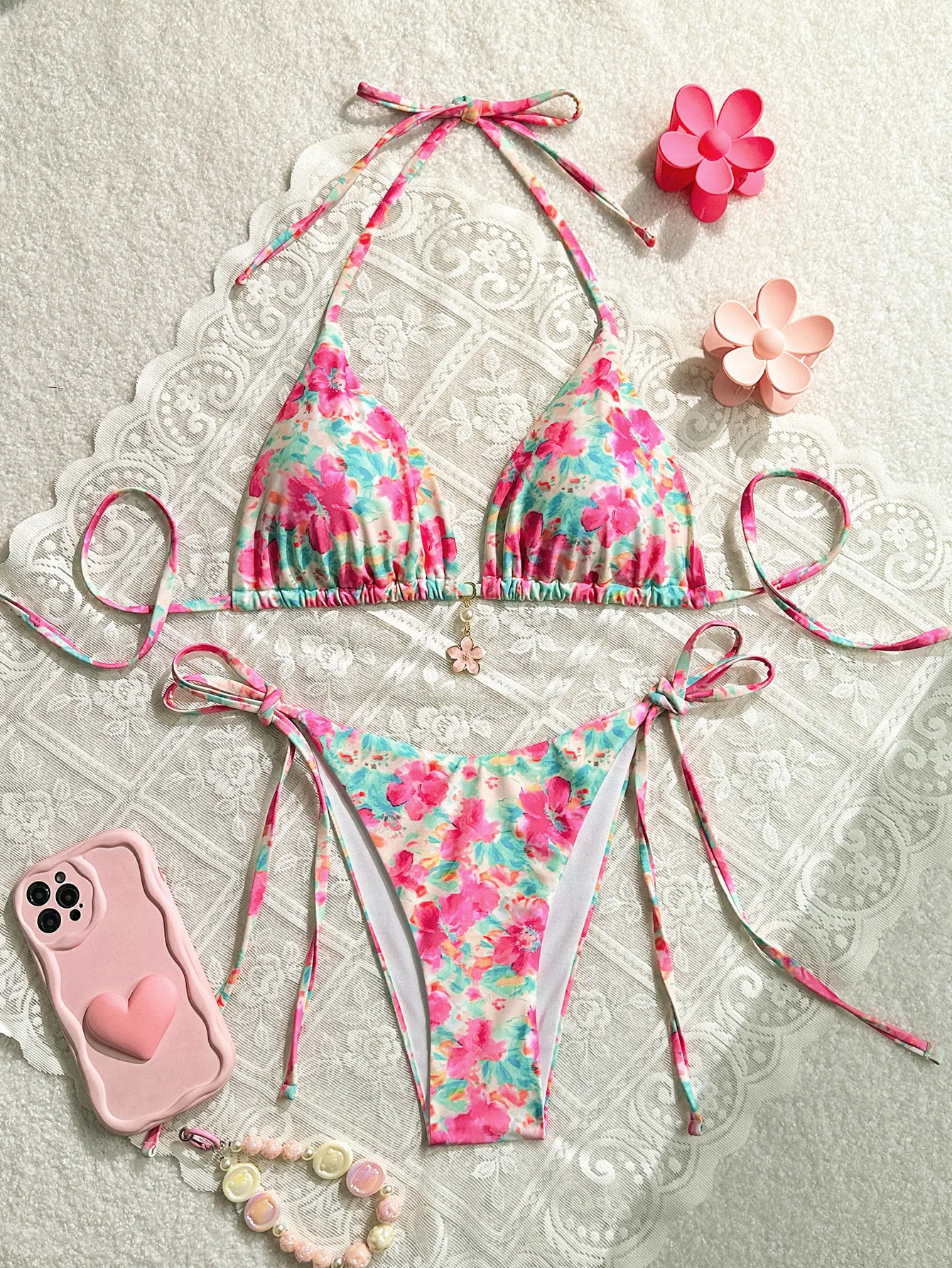 2025 Womens Bikini Set Pink Floral Print 2 Piece Swimsuit Sexy Triangle Push Up Halter Backless Swimwear Beach Bathing Suit 250219