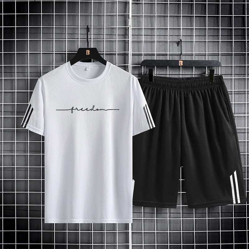 M5XL Summer Mens 2024 Quick Drying Breathable Mesh Short Sleeve Tshirt and Two Piece Running Sports Set 250219