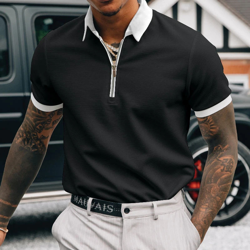 Summer Solid Color Casual Gentlemen Polo Shirt Short Sleeve Loose Business Tshirts Man Zipper All Match Top Male Fashion Clothes 250219
