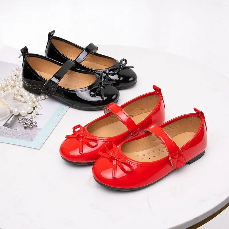 Kids Shoes Childrens Bowknot Princess Shoes Girls Flat Leather Shoes black red Spring Autumn For 3 4 5 6 7 8 9-15T 250219