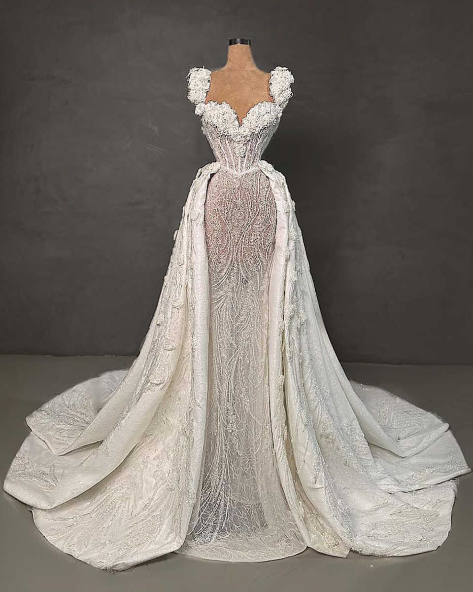 Fashion Mermaid Wedding Dress Sweetheart Neck Sleeveless Bridal Gowns Appliques Sequins Detachable Train Dresses Custom Made vestidos de novia