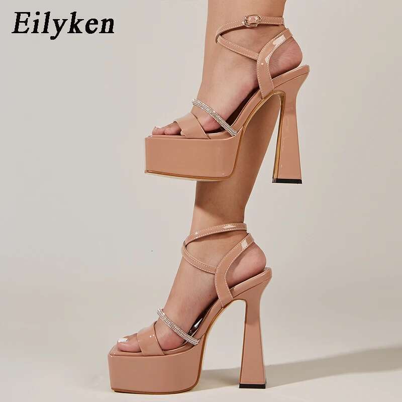 Platform High Heels Chunky Women Fashion Sandals Sexy Square Toe Ankle Buckle Strap Crystal Club Shoes