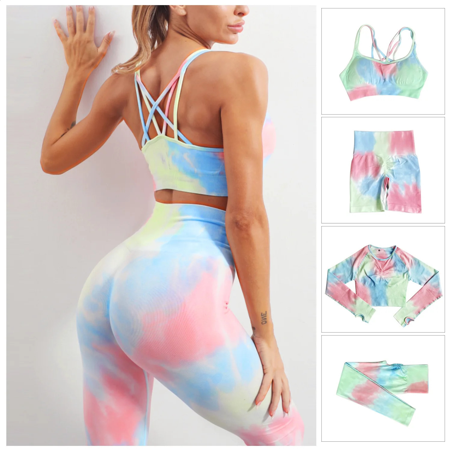 1pc Woman Die dye Seamless Yoga Clothes Fashion color Crop bra Tshirt and Hip lifted running Shorts Fitness GYM Sports leggings 250219