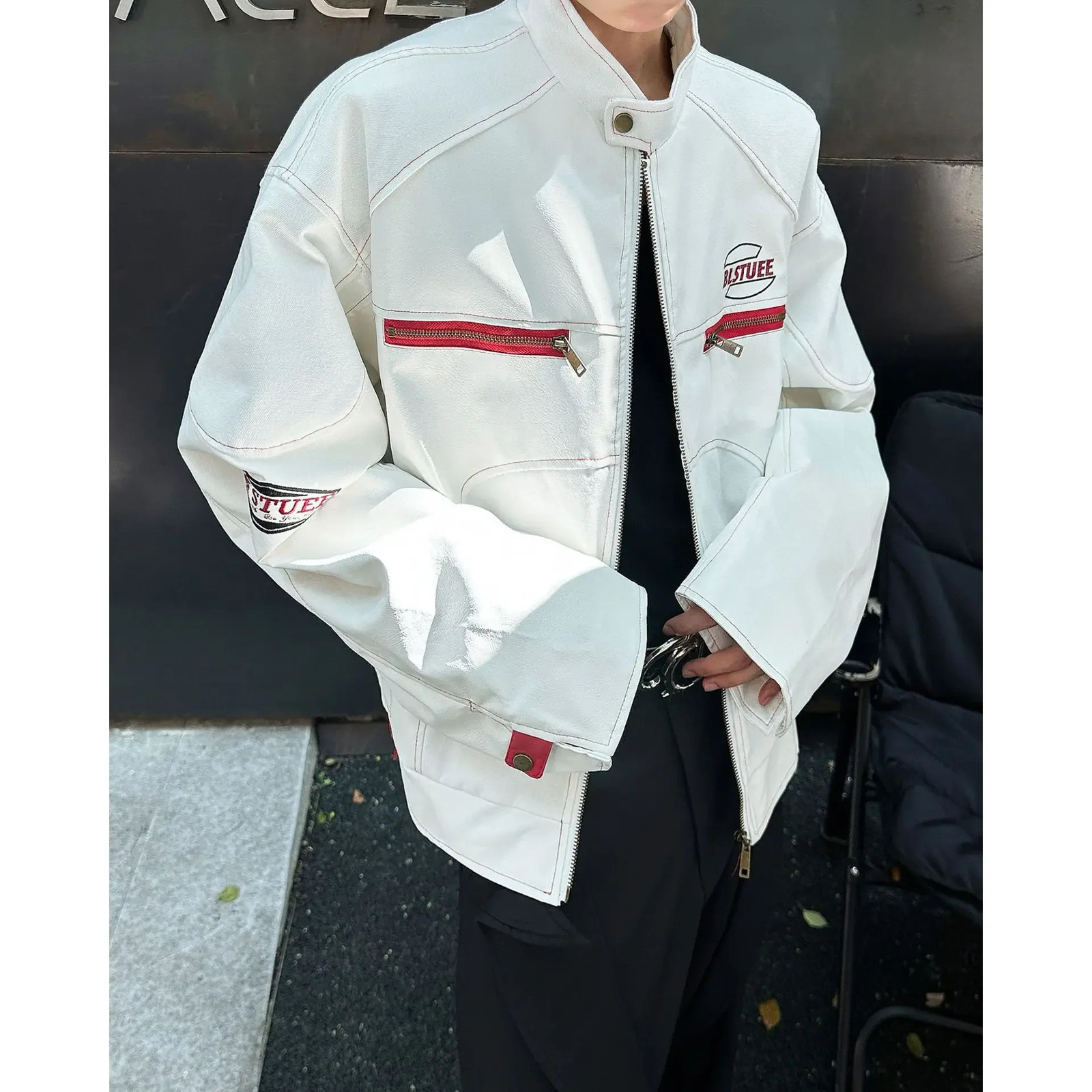 Fashion American Style White Stand Collar Leather Jacket For Men And Women Spring Autumn Loose Casual Motorcycle Workwear Ca 250210