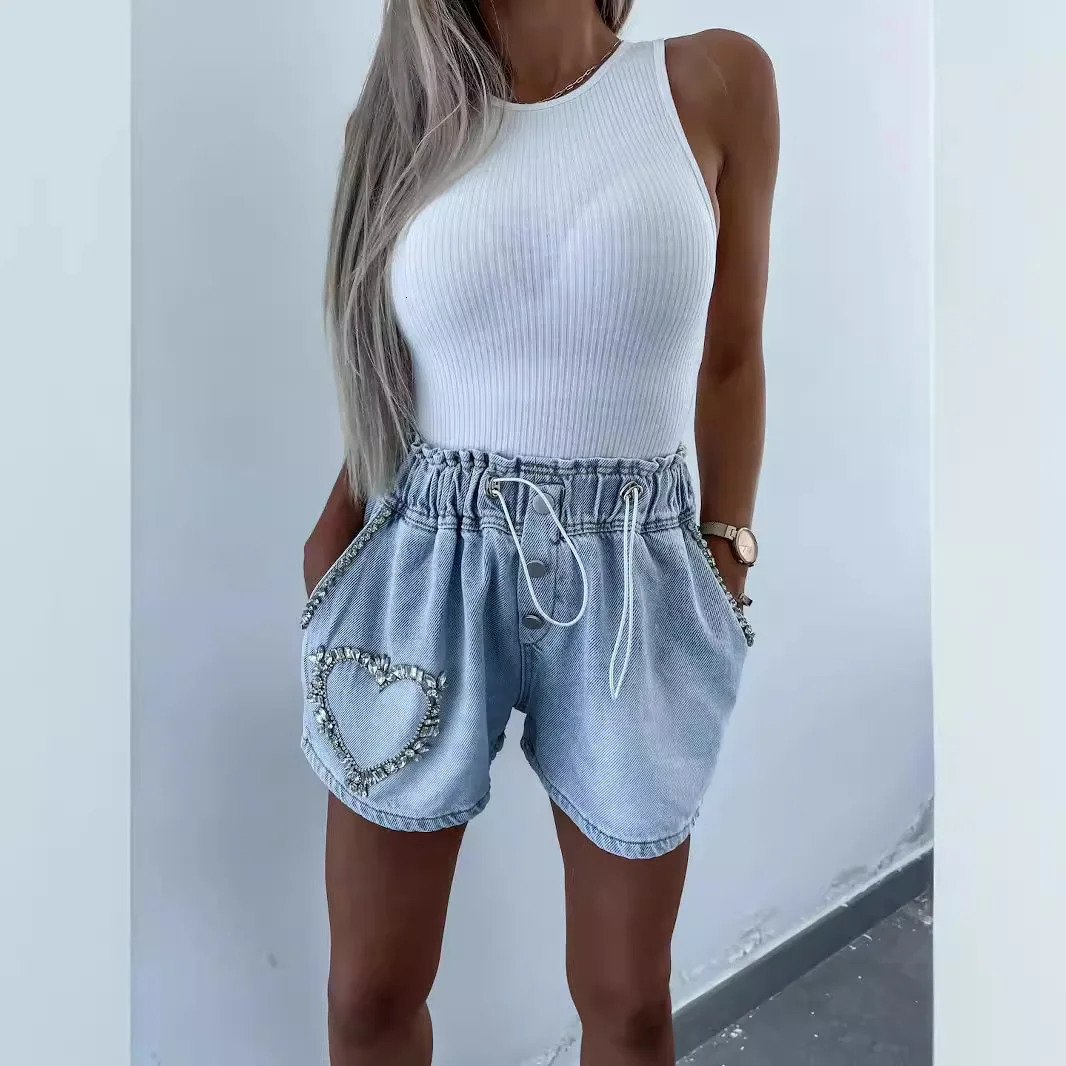 Denim Shorts for Women Streetwear Fashionable and Casual Rhinestone Versatile Y2k Cow Half Pants for Female Summer 250217