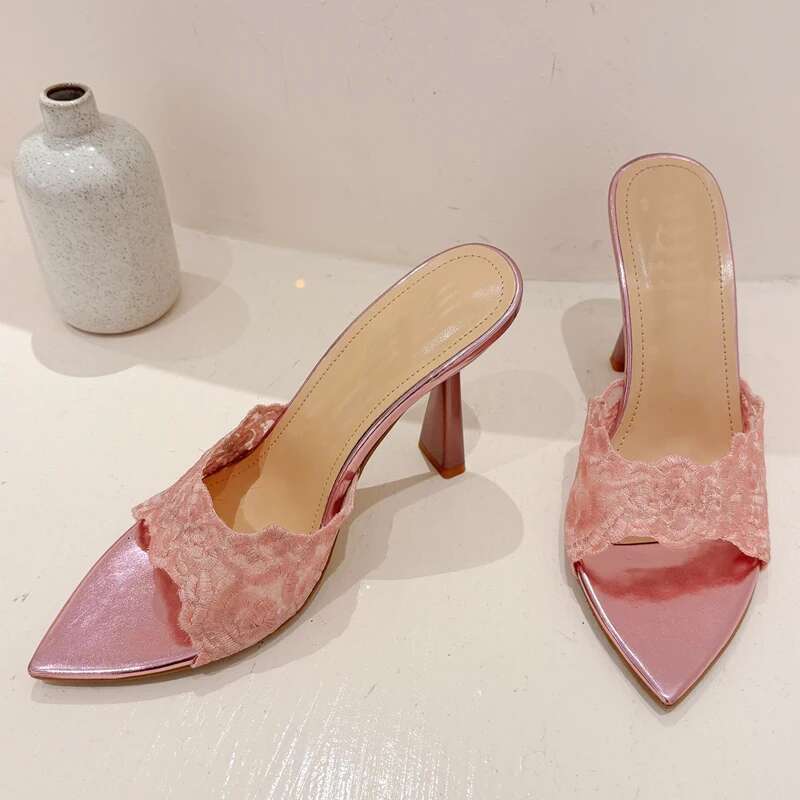 Summer Handwork Embroidery Hemp Women Slippers Sandals Sexy Pointed Toe Mules Party Heels Slides Shoes atos De Mujer