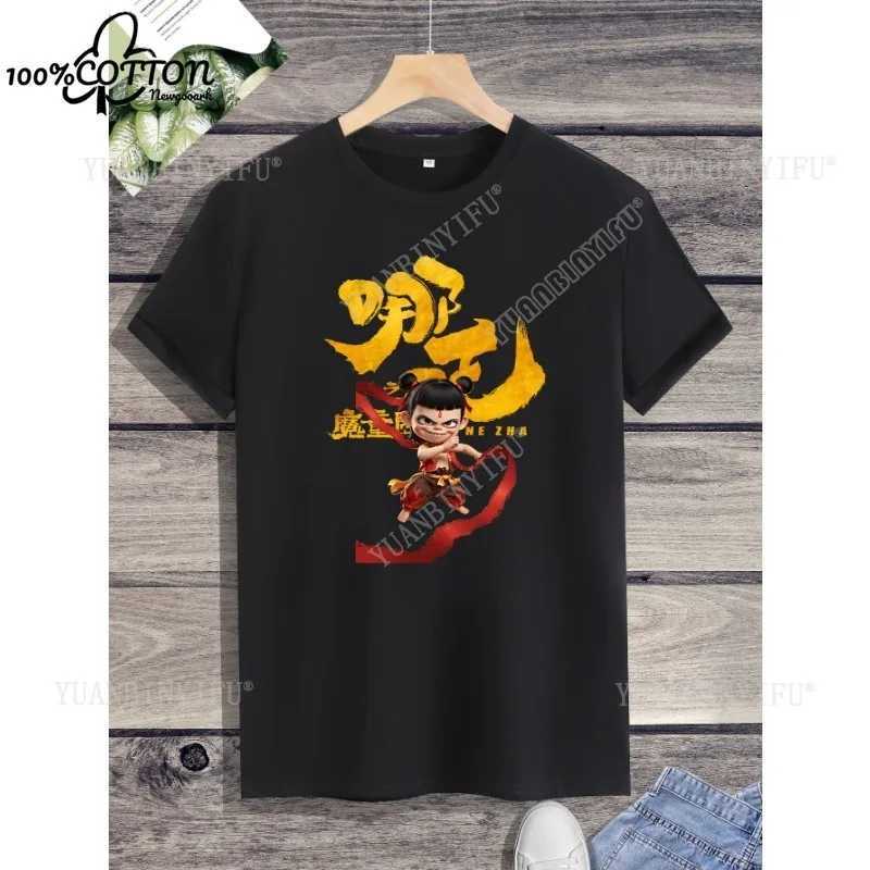 Street Fashion Animation Nezha Devil Child Nao Sea Short sleeved T-shirt Cotton Neutral Summer Cartoon Loose Solid Color S-5XL M250219