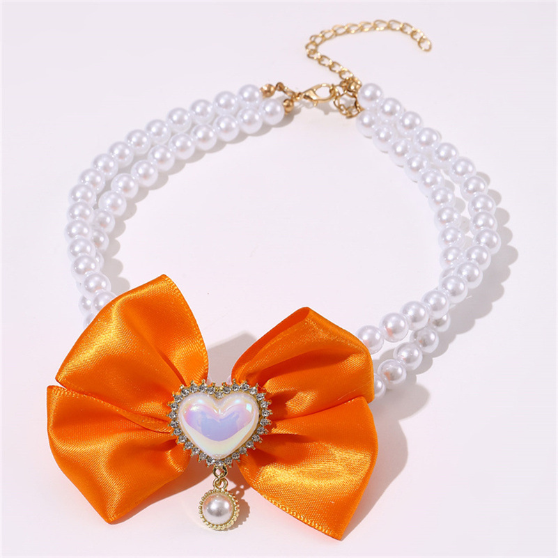 Chic Red Pearl Collar for Dogs and Cats - Double Layered Necklace with Rhinestone Bow Charms