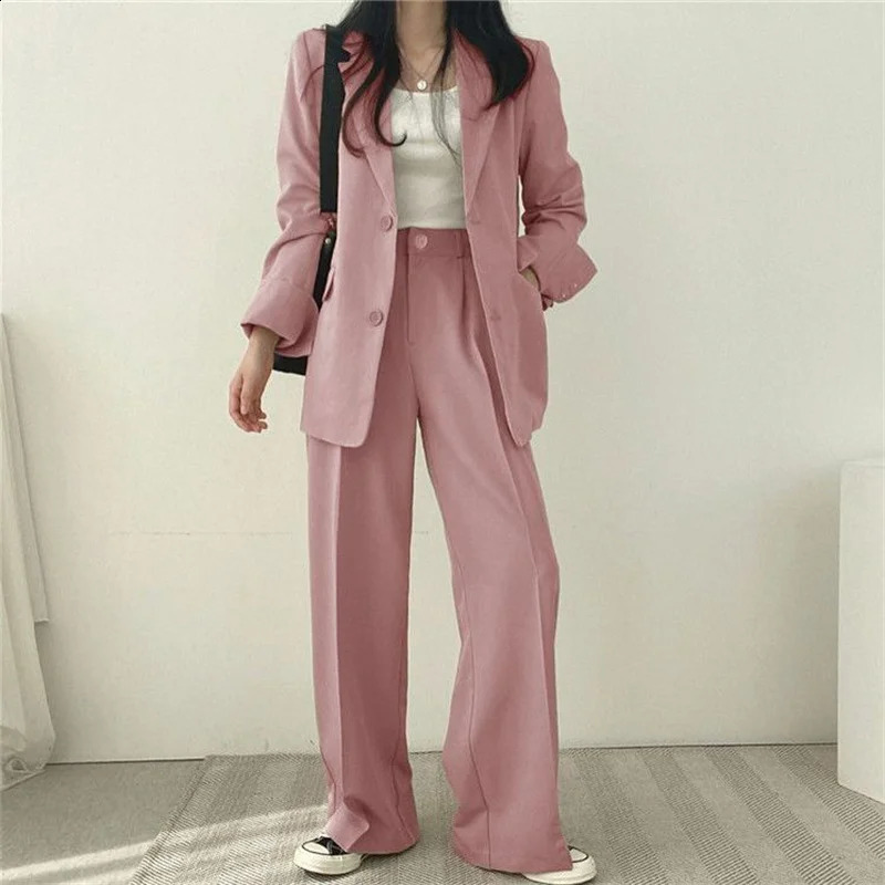 Summer Pink Jacket Blazer Casual Wide Leg Pants Two Piece Set Elegant Womens Pants Suit Office Set 250218