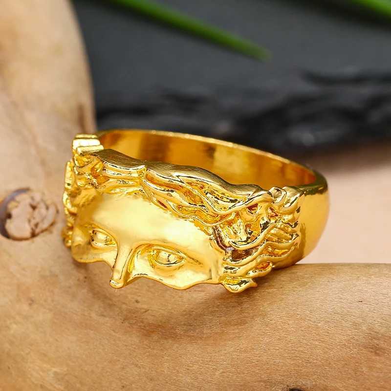 Vintage Gold Color Jesus Half Face Open Ring for Men Women Retro Religious Belief Jewelry Pure Copper Finger Rings Bands GiftsXJ250219