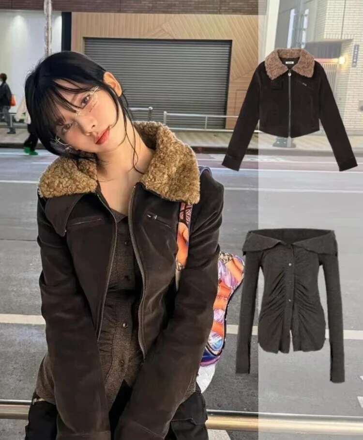 Korean Vintage Berber Fleece Fur Collar Corduroy Cropped Jacket + Single Breasted Off Shoulder All Match Cardigan Women Suits