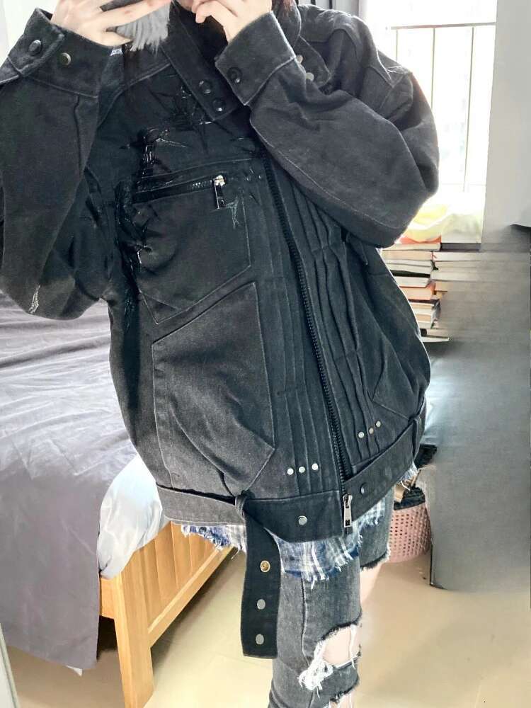 Vintage Black Denim Zipper Jackets Women Haruku Stand Neck Casual Loose Coat Streetwear Pocket Y2k Aesthetic Grunge Outwear