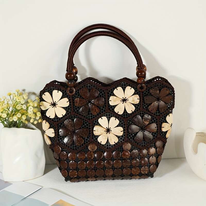 1pc Handcrafted Coconut Shell Bag, Ethnic Style Plastic Handbag with Closure, Polyester ed, No Edge Paint - White & Dark Brown, Secure Zipper Tote ral