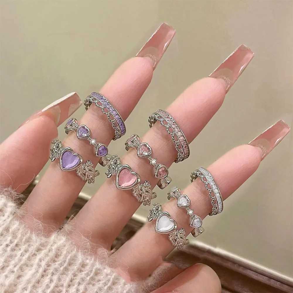 Fashion Zircon Opening Finger Ring Y2K Pink Crystal Irregular Heart Rings for Women Sweet Girls New Kpop Party Jewelry GiftsXJ250219