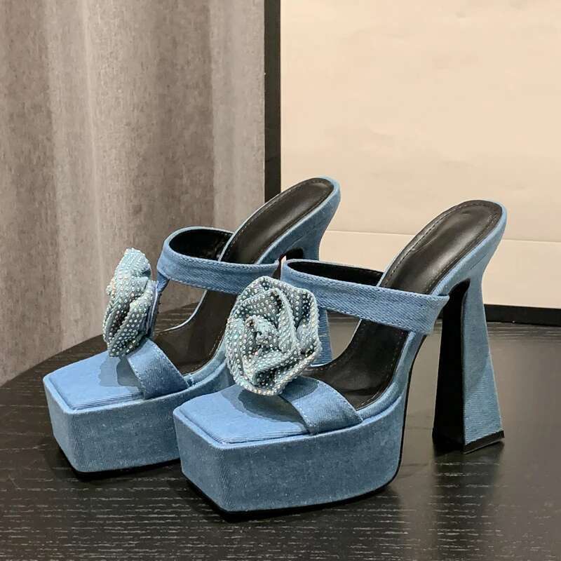 Denim CRYSTAL wer Women Slippers Slides Summer Design Fashion Peep Toe Square Heels Gladiator Sandals Shoes