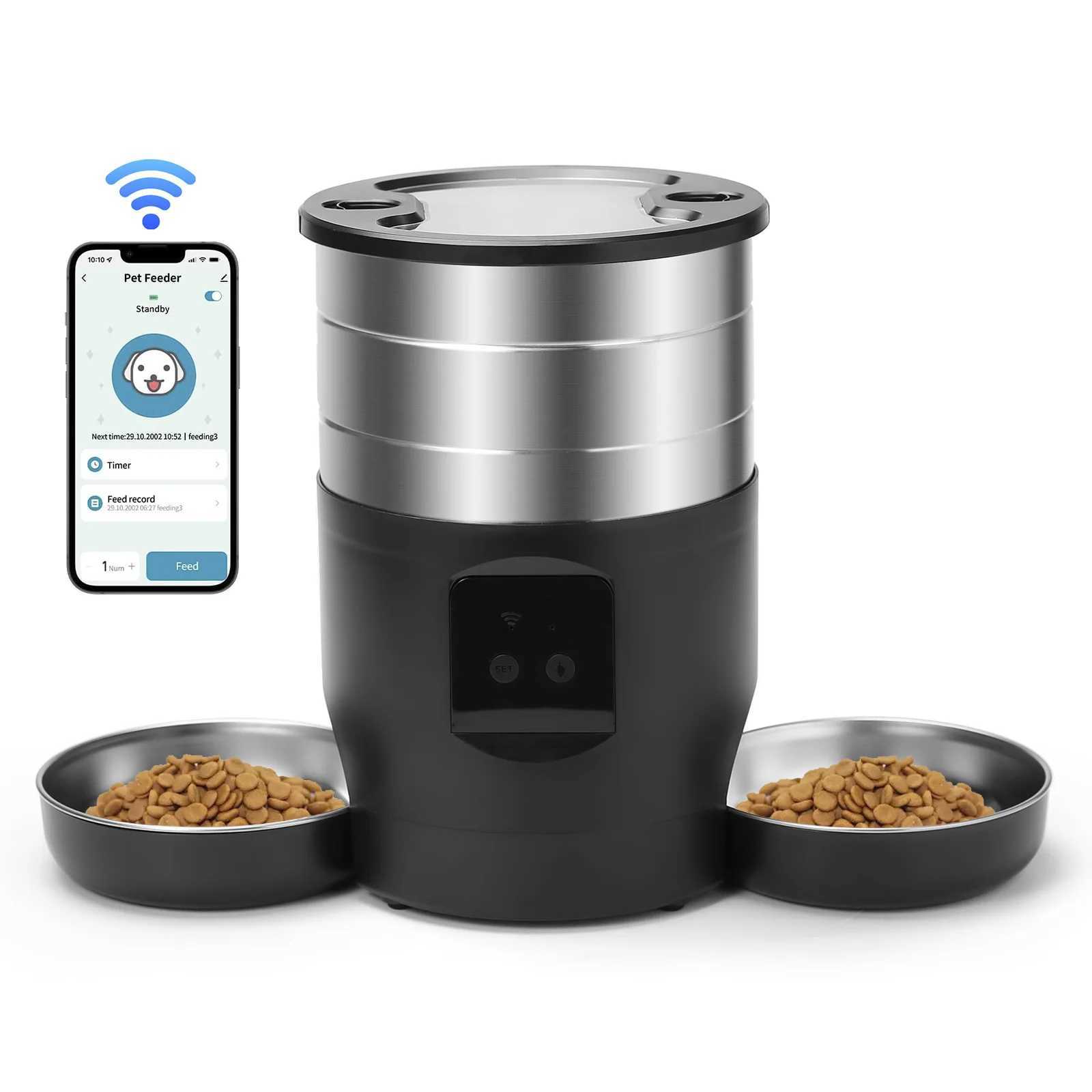 Dog Feeders 4.5L button WiFi automatic cat feeder includes two stainless steel bowls intelligent pet cat and dog food dispenser and pet feeder H250218