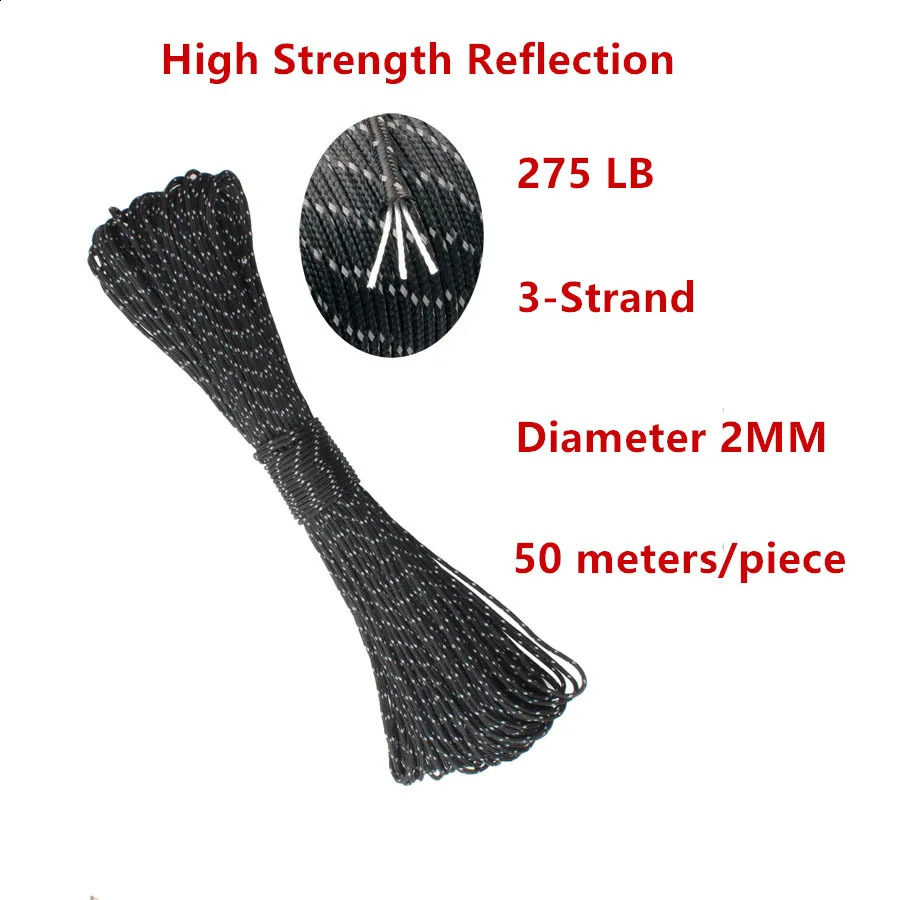 CAMPINGSKY Paracord 2mm Reflective Rope 3 Strand Core Outdoor Camping Cord Parachute Lanyard Tent Multifunction 250611