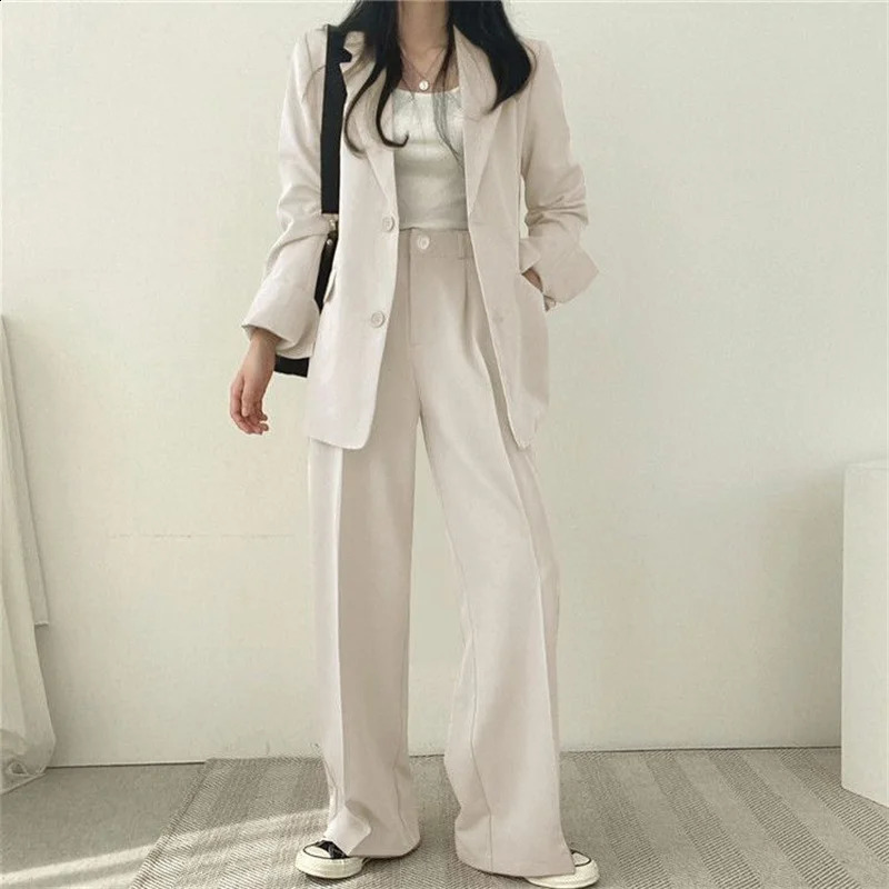Summer Pink Jacket Blazer Casual Wide Leg Pants Two Piece Set Elegant Womens Pants Suit Office Set 250218