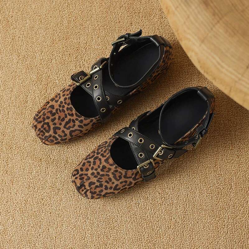 Genuine women ballet flats suede leather rivet leopard shoes